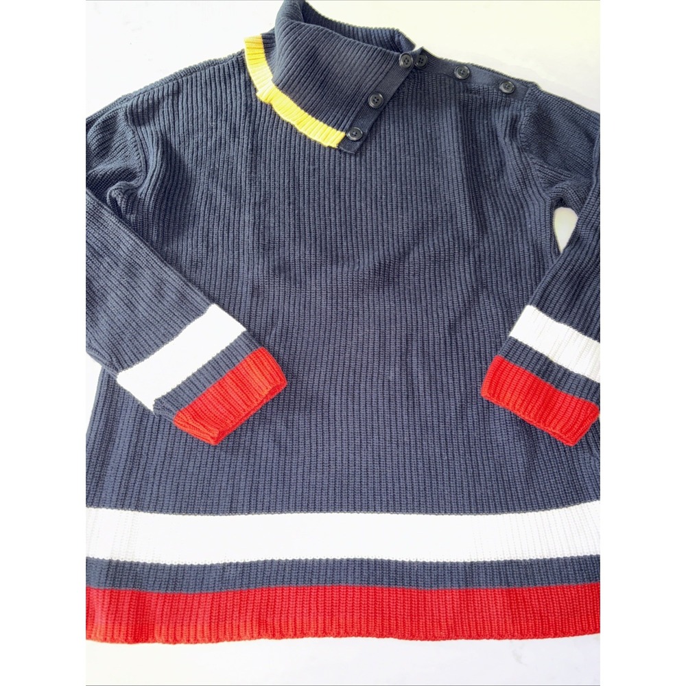 Talbots Sweater Shaker Knit Split Neck Navy Blue Red Womens LP Turtleneck Stripe